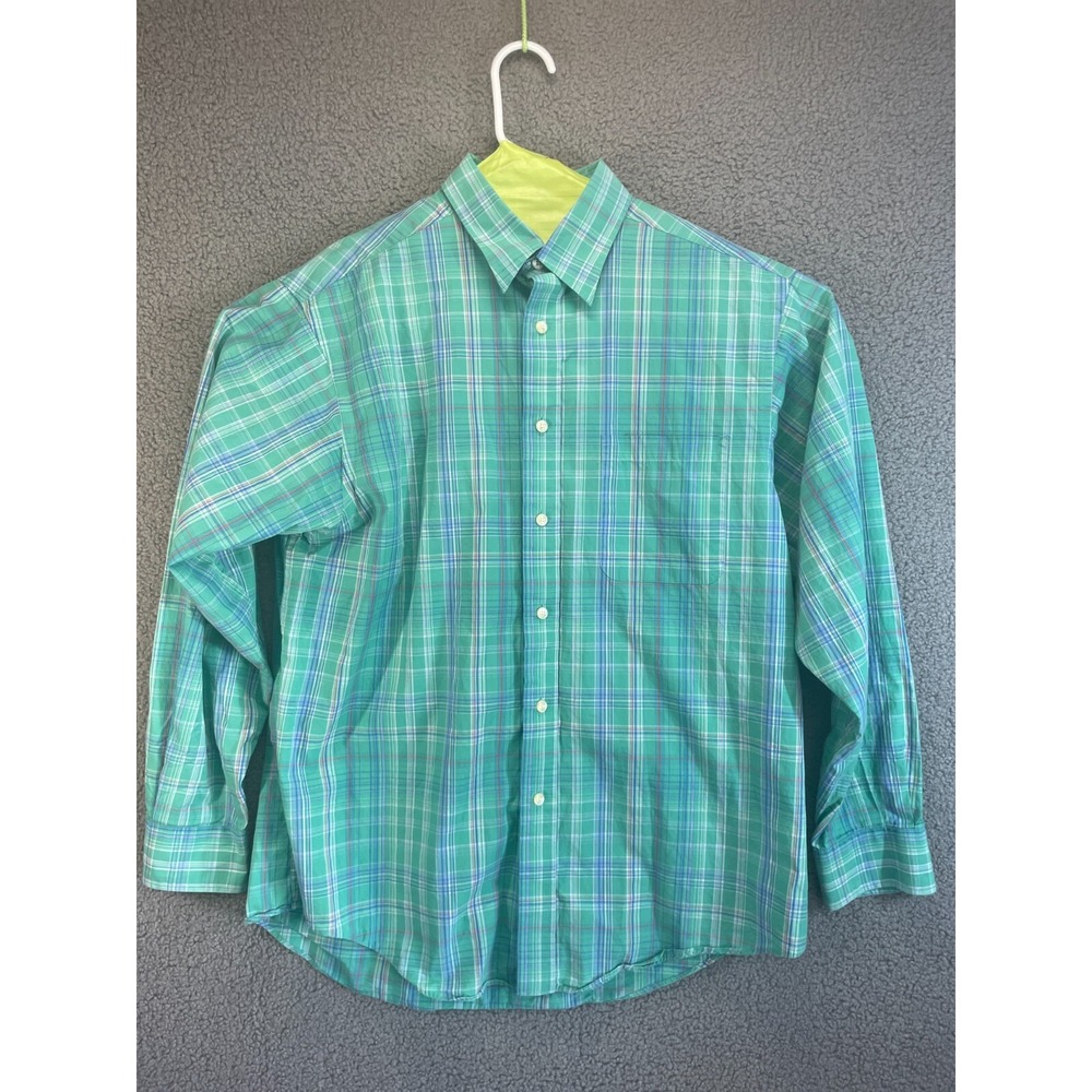 Roundtree & Yorke Mens Large-  Blue Plaid  No Iron ‎ Dress Shirt